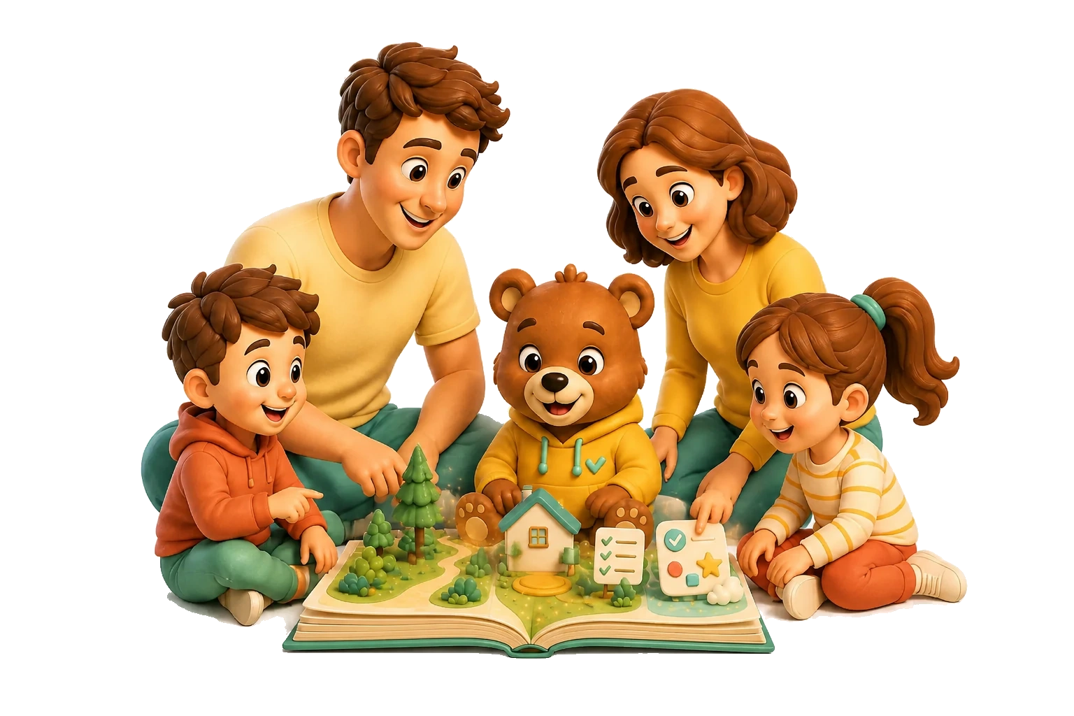 Родители, дети и Мотя вместе рассматривают семейную сказку