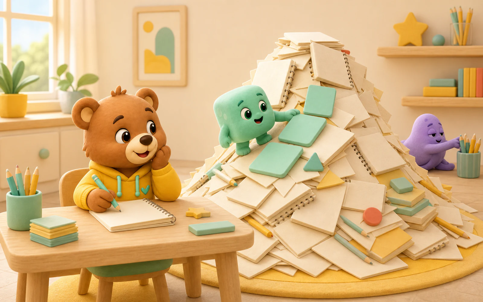 Мотя и Кубик строят ступени из карточек перед мягкой горой домашних заданий