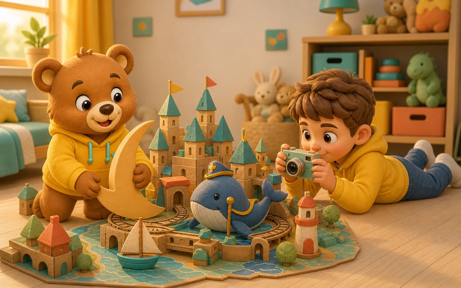 Лёва фотографирует картонный порт с башнями, а Мотя держит упавшую бумажную луну